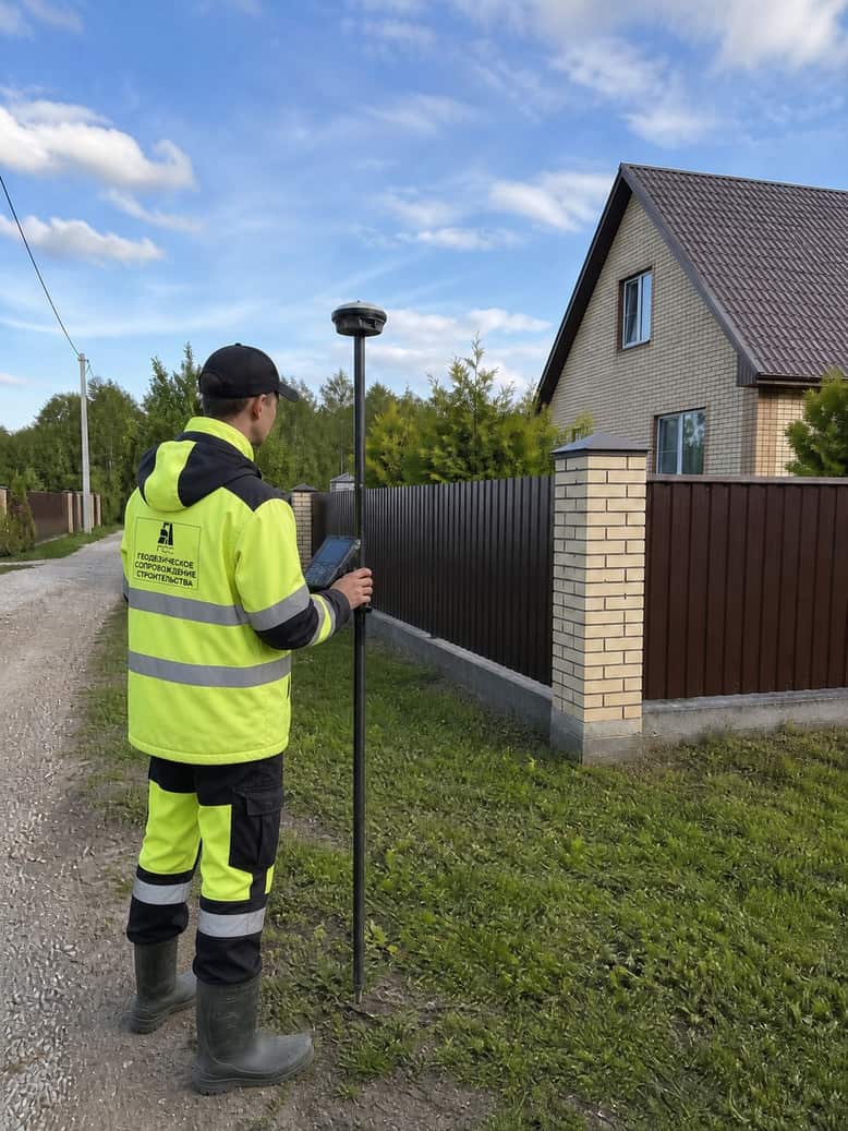 Специалист ГСС выполняет GNSS-измерения у границы частного участка